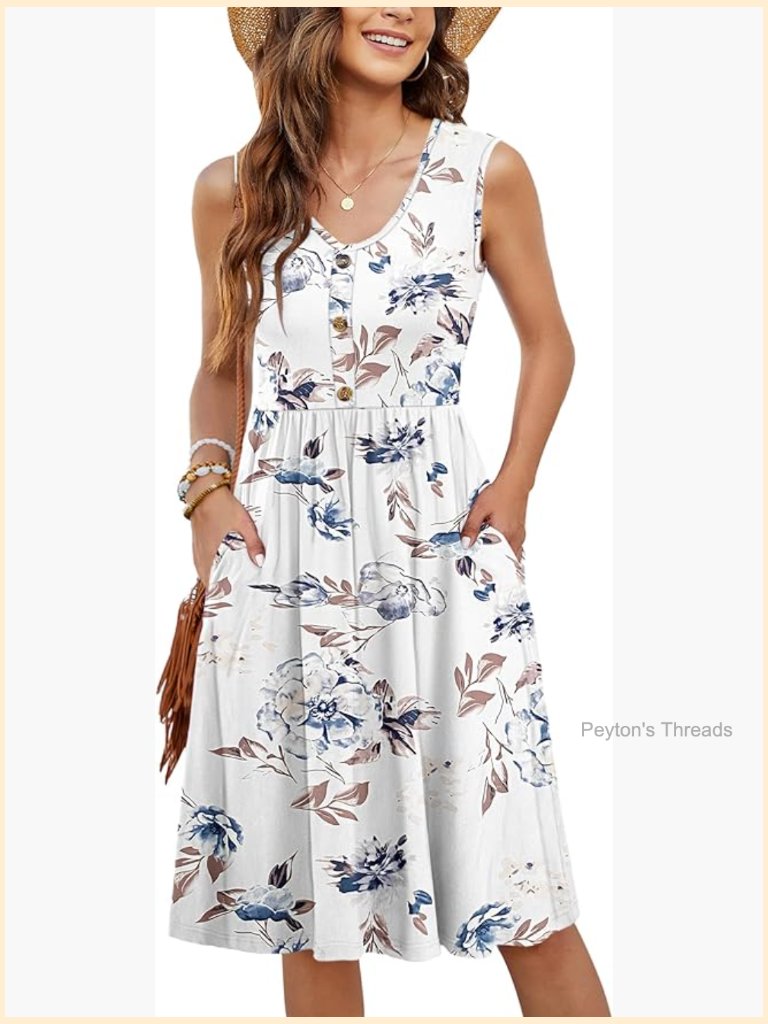 Sleeveless Casual Loose Swing Button Down Midi Sundress With Pockets
